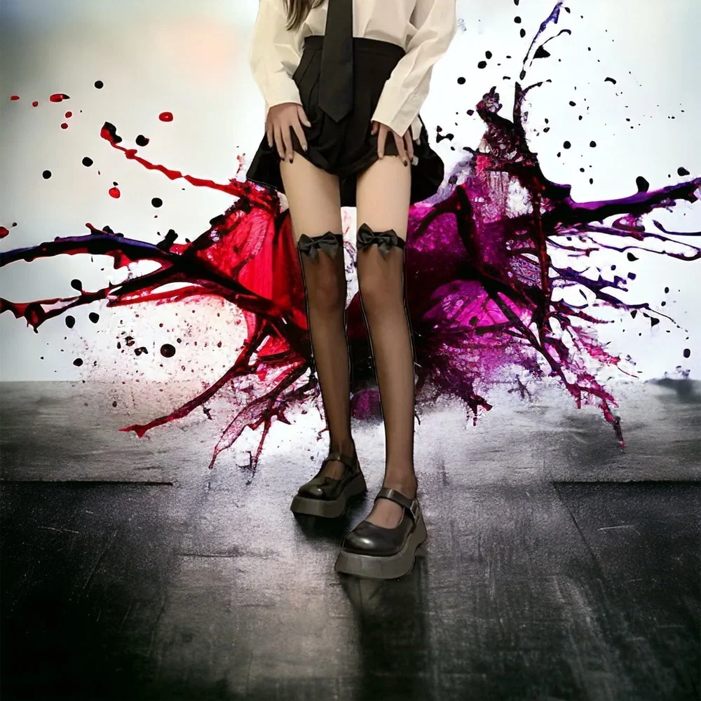 Black Bow Thin Light Smooth Tights Over‎ The Knee Socks Stockings One Size